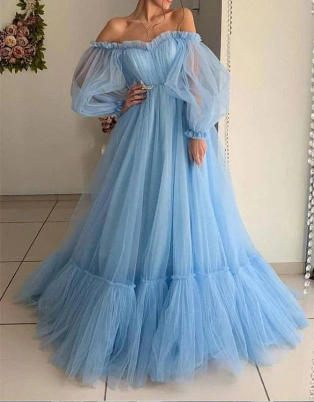 Tulle Off the Shoulder Prom Dresses Long Sleeve Quinceanera Dresses